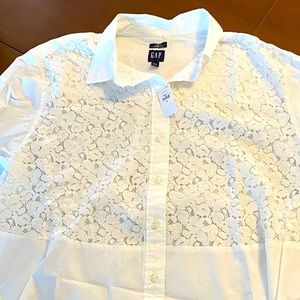 Gap , white cotton embroidered on front , woman’s long sleeve shirt , medium